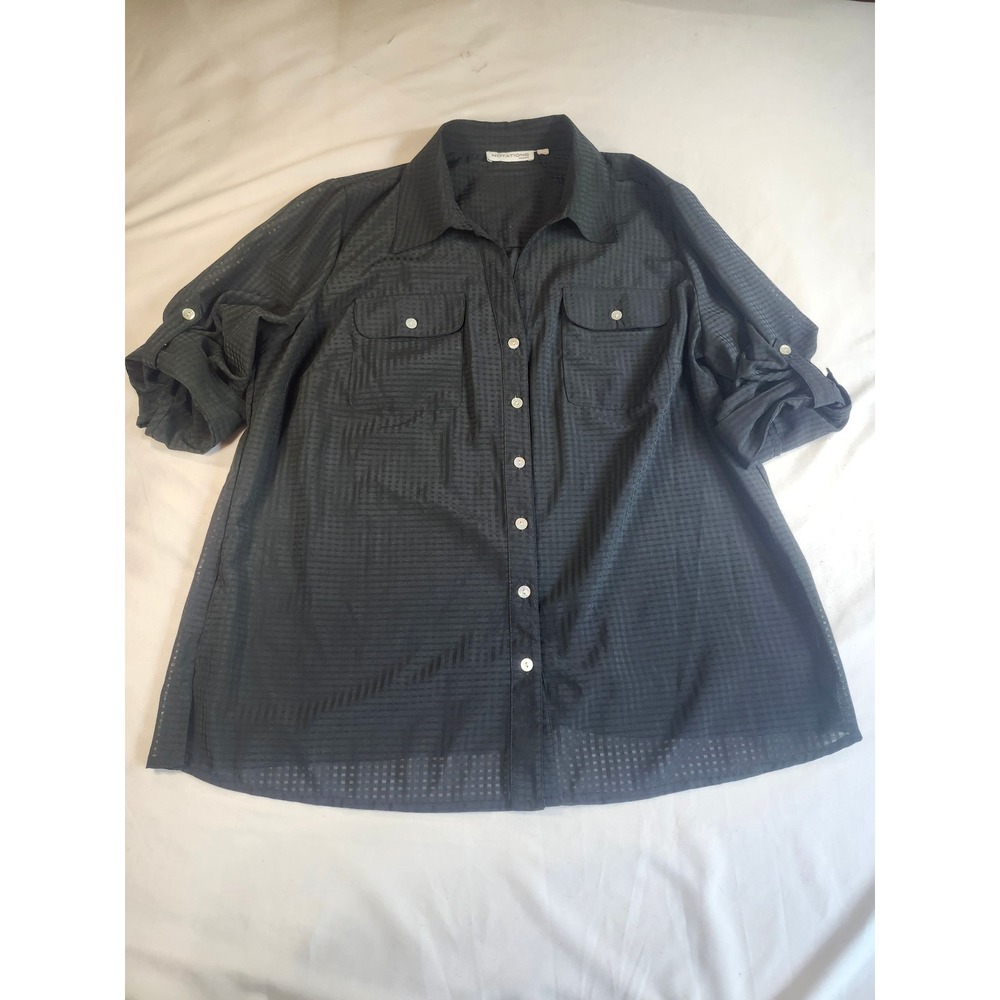 Notations Woman Black Button Down Roll Tab Sleeve Grid Shirt WPOB0426 Plus Size